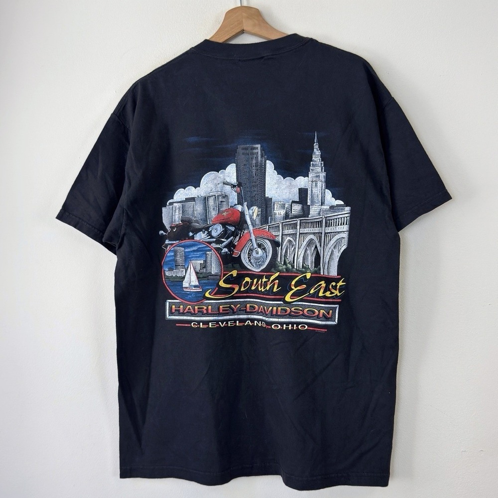 Vintage 90's Harley Davidson Biker Flames Cleveland Ohio Black Tee Shirt Large